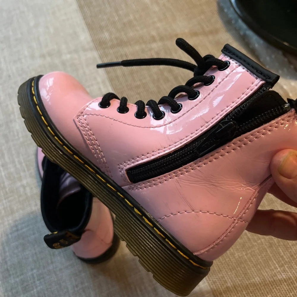 Dr. Martens 1460 J Kids Pink Patent Leather Lace Up Side Zip Boots Size 11 US